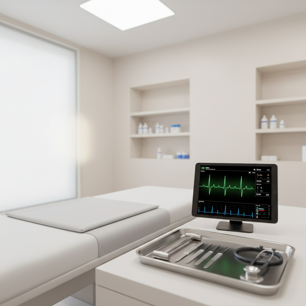 A stark white examination table is covered with a precisely folded light gray sheet, next to a stainless steel instrument tray holding neatly aligned diagnostic tools and a slim tablet displaying a complex ECG trace and trend graphs. The room’s walls are smooth and pale, with built-in shelving that fades into soft blur. Overhead, diffused clinical lighting casts even, shadowless illumination, while a faint glow from a side window introduces a gentle gradient across the surfaces. Photographed from a slightly low, three-quarter angle, the tablet screen is the compositional anchor, its data crisp and clear. The mood is calm, meticulous, and rational, emphasizing photographic realism and a refined, modern clinical aesthetic ideal for nuanced case analysis content.