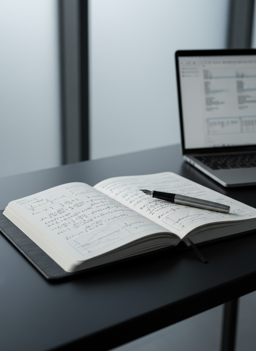 A sleek, dark graphite notebook lies open on a matte black laboratory bench, its pages filled with dense mathematical derivatives and neatly annotated medical graphs. Beside it rests a brushed steel fountain pen and a slim silver laptop showing a blurred clinical chart. Cool, diffused daylight filters through frosted glass, creating soft reflections on the metal surfaces and faint shadows between the notebook pages. Shot from a slightly elevated angle with a shallow depth of field, the notebook’s equations are in crisp focus while the background dissolves into a gentle bokeh. The photographic realism and minimalist, monochrome palette create a sophisticated, contemplative mood, perfectly suited for a blog about rigorous paper interpretation and clinical case analysis.