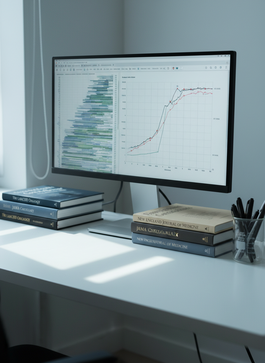 A meticulously arranged desktop features a large, ultra-thin monitor displaying a high-resolution forest plot and Kaplan–Meier survival curve, surrounded by neatly stacked medical journals with subtle, muted covers. A glass beaker repurposed as a pen holder adds a clinical touch, standing on a smooth white surface. Soft, cool-toned ambient light from an unseen window gently illuminates the scene, with a focused beam creating highlights on the glossy journal titles. Captured at eye level with a balanced, rule-of-thirds composition, the screen content is sharp while the journal spines blur slightly into the background. The atmosphere is analytical and composed, rendered in clean photographic realism that reflects the site’s sophisticated approach to interpreting research and clinical evidence.